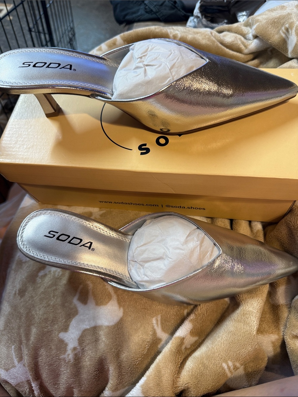 Soda Silver Metallic Pointed Toe Kitten Heel Mules